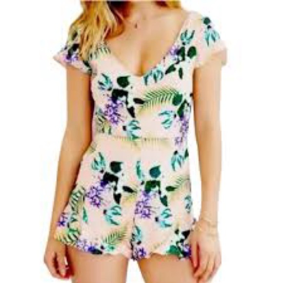 For Love & Lemons Women's Pina Colada Floral Romper Cream Green Size Small S - Picture 8 of 8